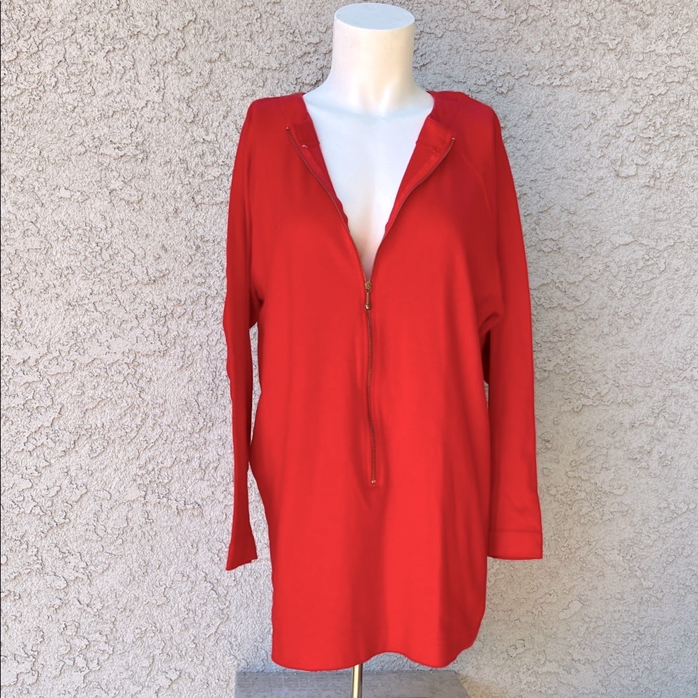 Pierre Cardin Red Women 1/2 Zipper Front Tunic Shirt Top or Dress Swim Cover-Up